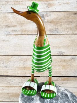 Strandente "Mann" aus Bambus mit Badelatschen - grün weiß gestreift / Teak  40 cm