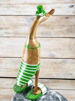 Strandente mit Bikini aus Bambus mit Badelatschen - grün weiß gestreift / Teak  40 cm