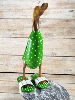 Strandente "Mann" aus Bambus mit Badelatschen - grün weiß gepunktet / Teak  40 cm