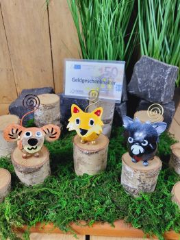 3 er Set Geldgeschenkhalter, Deko, Fotohalter Fuchs / Hund / Widder alle aus Metall