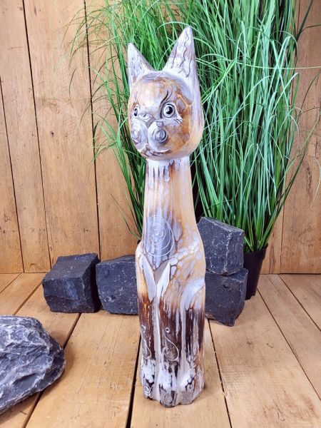 Standkatze washed mit Verzierungen 50 cm / Holz