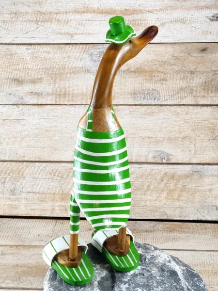 Strandente "Mann" aus Bambus mit Badelatschen - grün weiß gestreift / Teak  40 cm