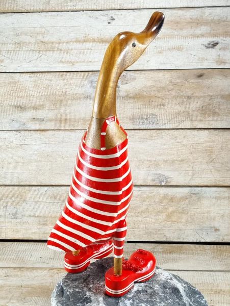 Laufente aus Bambus mit sneakers - rot weiß gestreift / Teak  40 cm