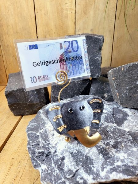Elefant silbergrau mit Spiralschwanz für Karten & Geldgeschenke  / Metall